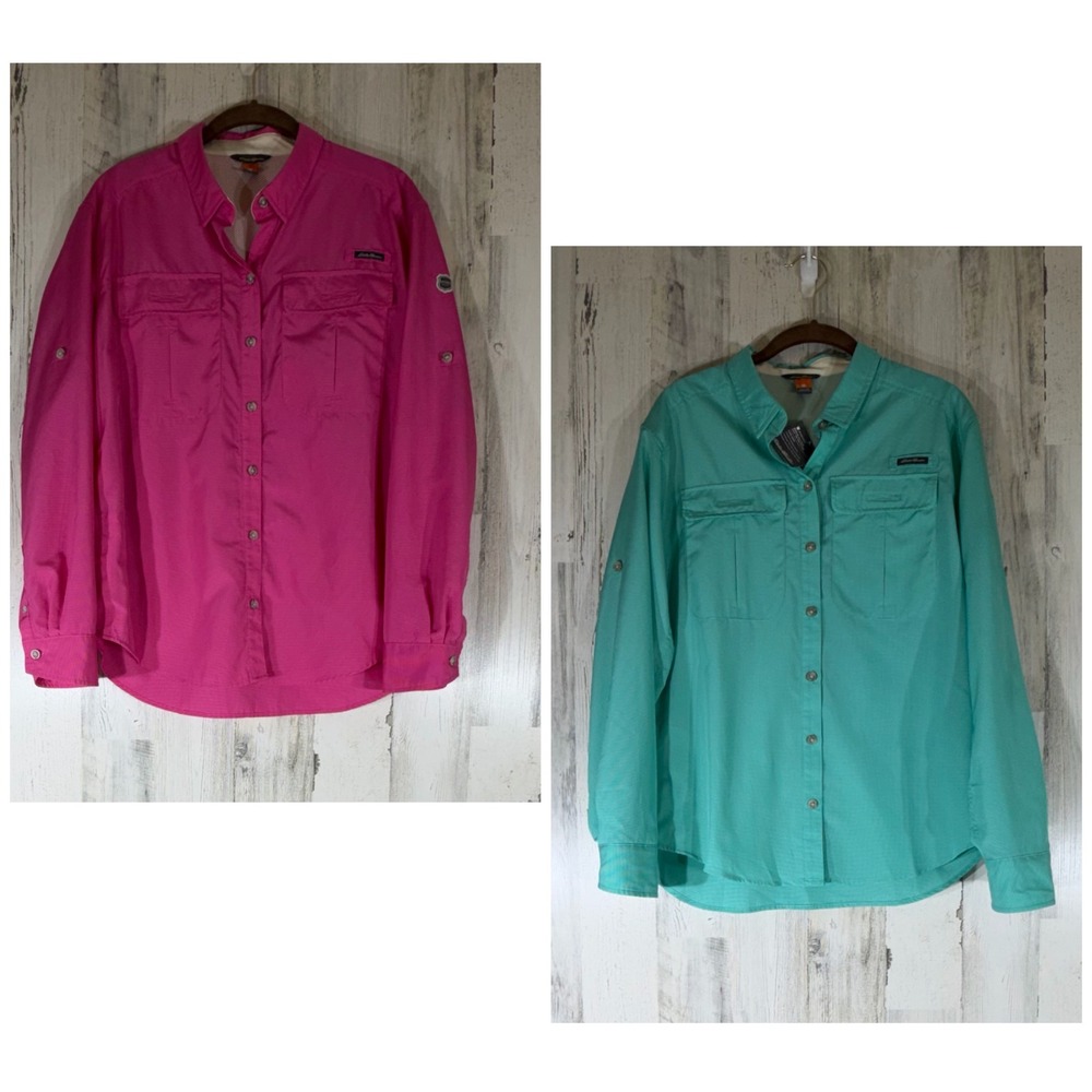 Eddie Bauer Guide Field Shirts Medium Pink Green UPF Long Sleeve Set of 2 READ